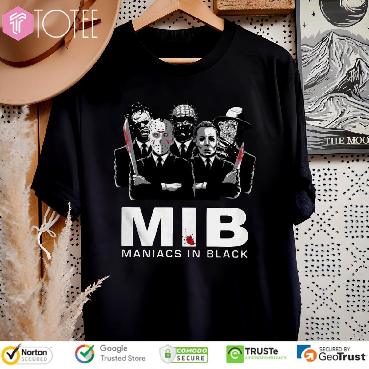 Maniacs In Black Jason Michael Freddy Leatherface Pinhead Parody MIB Shirt